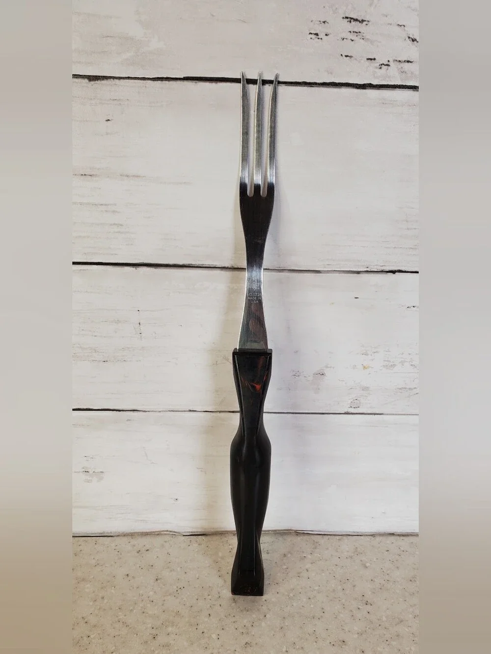 Vintage Cutco 1726 3 Tine Serving Fork Brown Marbled Handle USA Carving Meat